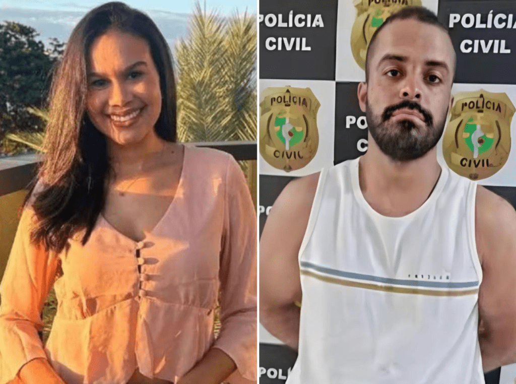 Imagem em duas partes: mulher sorridente ao ar livre ao lado de um homem com barba e camisa branca em frente a um fundo com logos da Polícia Civil. O contexto envolve Juliette.