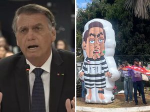 Manifestantes inflaram "Pixuleco" em frente ao condomínio de Bolsonaro (Foto: Marcos Santos)
