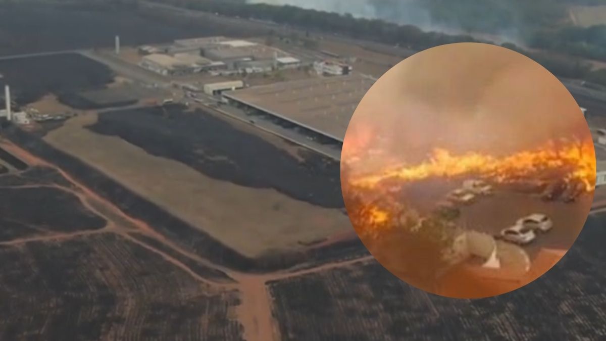 campo queimado e círculo com imagens de carro pegando fogo por conta do incêndio em santa bárbara