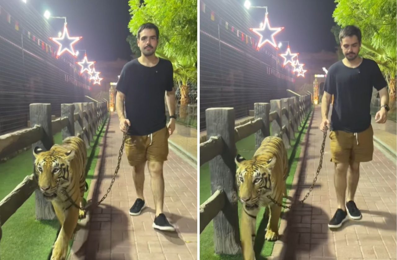 João Silva, filho de Faustão, surgiu passeando com um tigre em Dubai