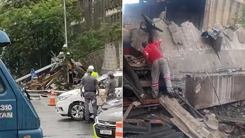Homem e mulher são internados após estrutura de galpão desabar sobre trailer em Santos