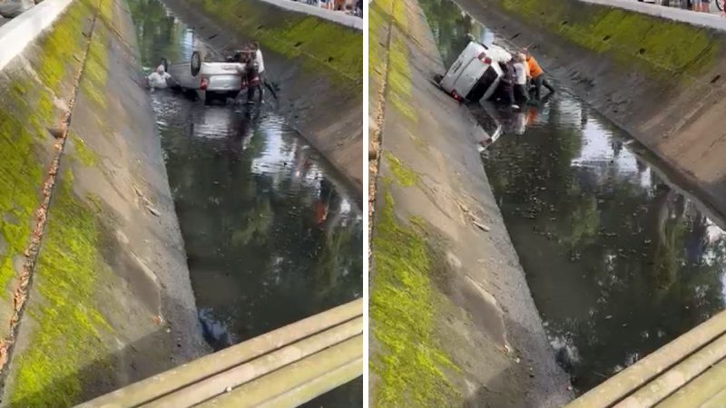 VÍDEO: motorista é resgatada após cair com carro no Canal 3 em Santos (Foto: Reprodução)