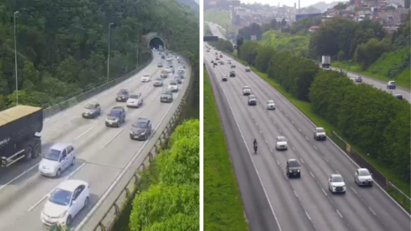 Tráfego intenso atinge Rodovia Imigrantes sentido Baixada neste sábado (22) (Foto: Reprodução / Ecovias)