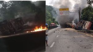 Batida entre caminhões na Via Anchieta provoca incêndio e deixa dois mortos