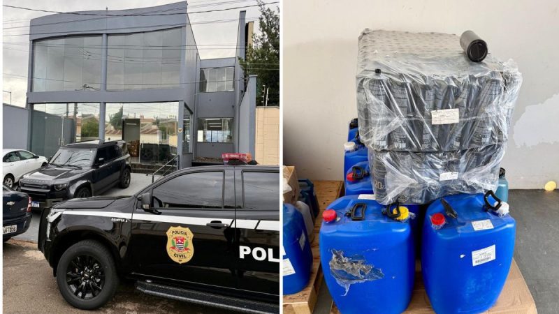 Interior de fábrica clandestina de cosméticos em Americana durante operação da Polícia Civil.