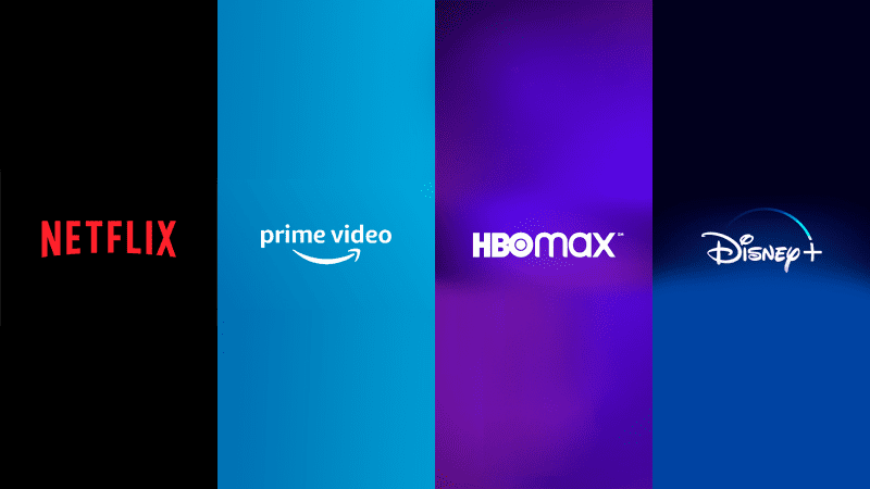 A imagem mostra os logos dos streamings: Netflix, Prime Video, HBO Max e Disney+