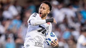 Confronto Santos vs Mirassol pela Série A ressaltando a ausência do jogador Neymar na 5ª rodada.