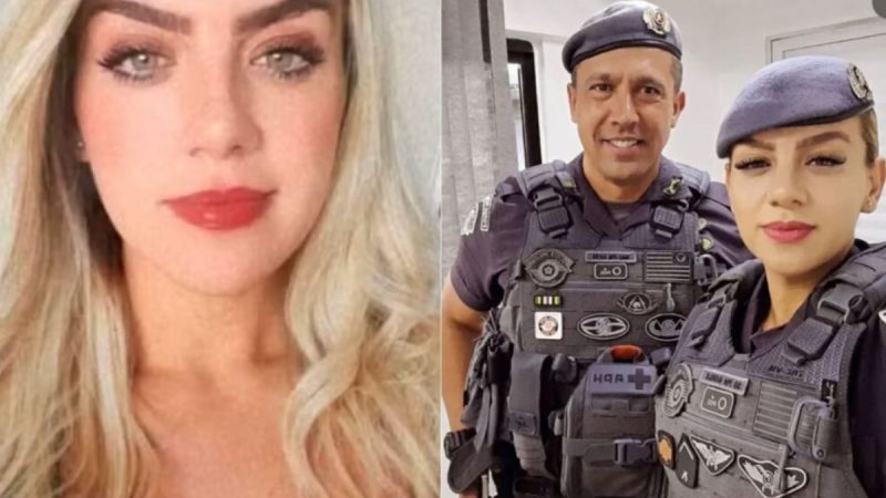 Soldado da PM Gisele Santana fardada; imagem central sobre investigação de laudo necroscópico e exumação do corpo.