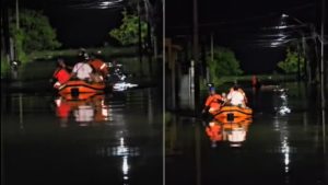 Famílias desabrigadas em Peruíbe em abrigo municipal após alagamentos causados por fortes chuvas no litoral.