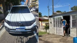 Idosa vítima do golpe do bilhete premiado em Mongaguá sendo abordada por mulheres no litoral de SP.
