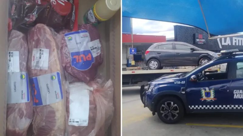 Viatura da GCM em frente a atacadista na Rua Monteiro Lobato em Bragança Paulista após ocorrência de furto.