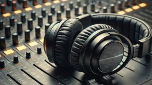 Microfone de rádio e fones de ouvido em estúdio, destacando detalhes técnicos que elevam a experiência do ouvinte.