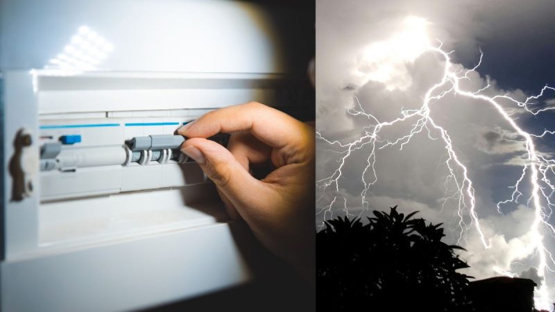 Raios atingindo rede elétrica urbana durante temporais, causando riscos de queima de eletrodomésticos e eletrônicos.