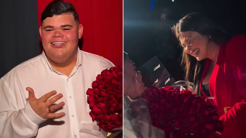 Influenciador Gordão da XJ pede Nicolle Caroline em casamento durante surpresa em sessão de cinema.