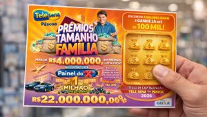 Campanha Tele Sena Páscoa 2026 com elementos festivos e destaque para premiação superior a 4 milhões de reais.