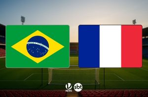 Amistoso Brasil x França: jogadores em disputa de bola durante teste para a Copa do Mundo de 2026.