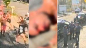 Homem em surto agride mulher e adolescente em Peruíbe, litoral de SP, em vídeo de monitoramento.
