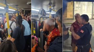 Ônibus intermunicipal em Santos onde idoso foi detido por suspeita de assédio e ofensas contra passageiras.