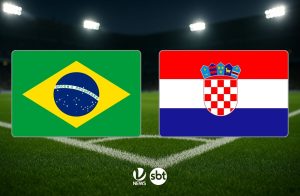 Jogadores de Brasil e Croácia em disputa de bola durante amistoso internacional de futebol em Orlando.