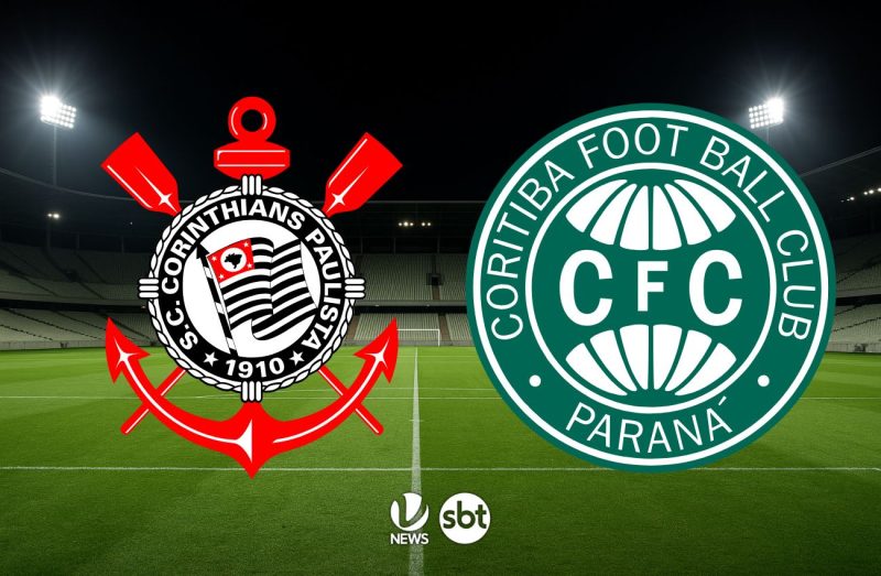 Jogadores de Corinthians e Coritiba em disputa de bola na Neo Química Arena pelo Campeonato Brasileiro.