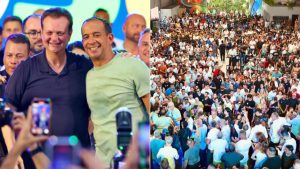 Cinco lideranças políticas da Baixada Santista em evento de filiação ao PSD em Santos.