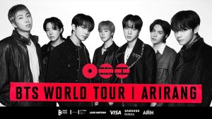 Membros do grupo BTS em performance; destaque para anúncio de show no Brasil e venda de ingressos no Morumbis.