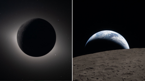 Planeta Terra visto do lado oculto da Lua em registro inédito da missão espacial Artemis II da NASA.