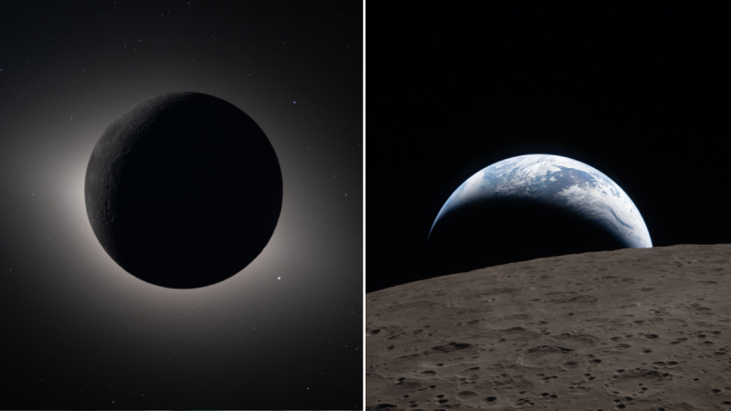 Planeta Terra visto do lado oculto da Lua em registro inédito da missão espacial Artemis II da NASA.
