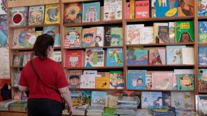 Livros abertos e bandeira do Brasil ilustrando as metas do Plano Nacional do Livro e da Leitura até 2036.