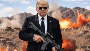 Donald Trump armado em cenário de guerra em montagem do Truth Social sobre ameaças ao Irã.