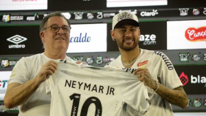 Escudo do Santos FC e Neymar Jr ilustrando renegociação de dívida milionária com a NR Sports.