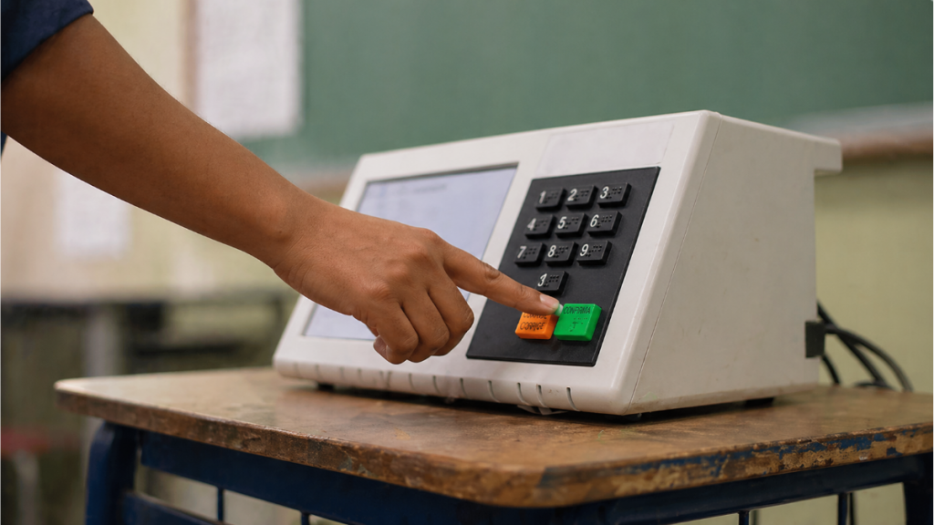Regularização título de eleitor: Pessoa usando terminal de votação com teclado numérico em urna eletrônica, ilustrando o prazo para regularização do título de eleitor na Justiça Eleitoral e eleições 2026, terminando hoje.