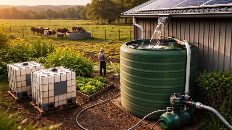 Gado em pastagem com sistema de irrigação, destacando a eficiência no uso da água na produção animal sustentável.