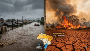 Mapa global destacando o aquecimento das águas do Oceano Pacífico durante o fenômeno climático El Niño.