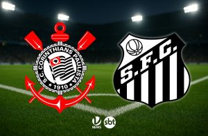 Jogadores de Corinthians e Santos em disputa de bola durante clássico do Campeonato Brasileiro sub-20.