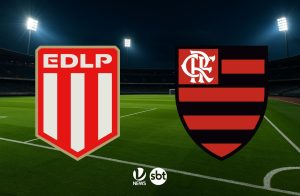 Duelo Estudiantes x Flamengo pela Copa Libertadores em estádio argentino com foco na classificação do torneio.
