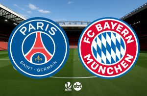 Jogadores de PSG e Bayern de Munique em disputa de bola durante semifinal da Champions League.
