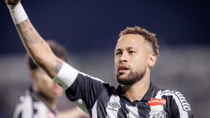 Neymar Jr. celebrando gol pelo Santos FC contra Deportivo Recoleta na fase de grupos da Copa Sul-Americana.