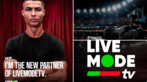 Cristiano Ronaldo celebrando parceria estratégica como acionista da LiveModeTV no mercado de mídia esportiva internacional.
