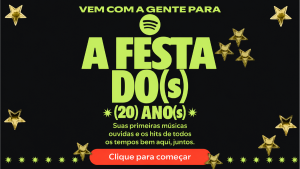 Interface do aplicativo Spotify destacando a funcionalidade interativa A Festa dos 20 Anos com elementos visuais nostálgicos.