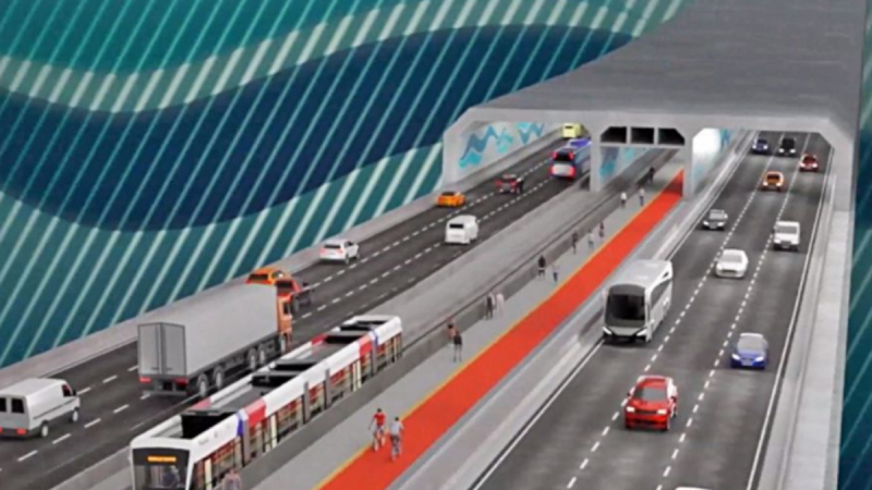 Projeto do túnel imerso Santos-Guarujá destacando a conexão entre as margens do Porto de Santos.