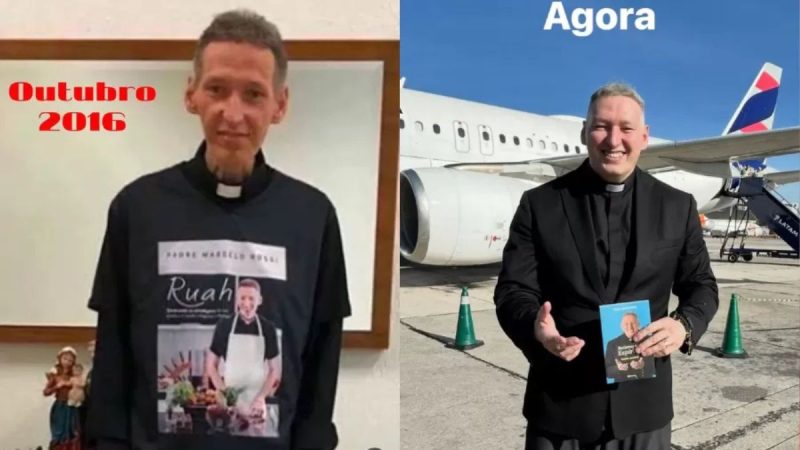Padre Marcelo Rossi em montagem de antes e depois destacando transformação física e superação da depressão.