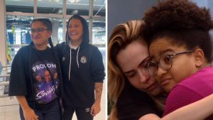 Ex-BBB Tia Milena abraça jogadoras do Santos Feminino em encontro emocionante no aeroporto do Rio de Janeiro.