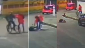 Registro de câmera de segurança mostra agressão contra Adalto Mello em Santos, litoral de São Paulo.