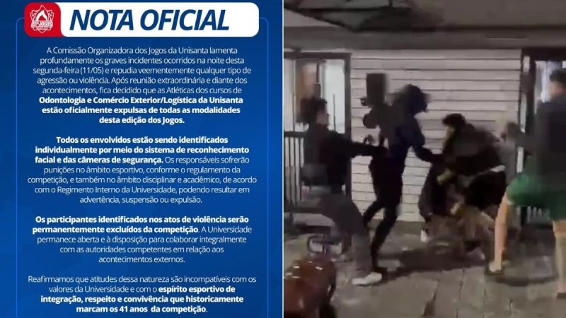 Estudantes universitários em competição esportiva nos Jogos da Unisanta, foco em ética e regulamento oficial.