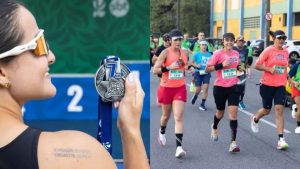 Atletas correndo na Meia de Santos 2026 durante prova de rua oficial no litoral paulista.