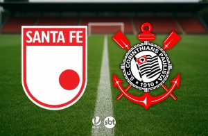 Jogadores de Santa Fe e Corinthians em disputa de bola durante partida da fase de grupos da Libertadores.
