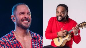 Cantor Diogo Nogueira em performance; destaque sobre o cancelamento do show em Bertioga por laringite.