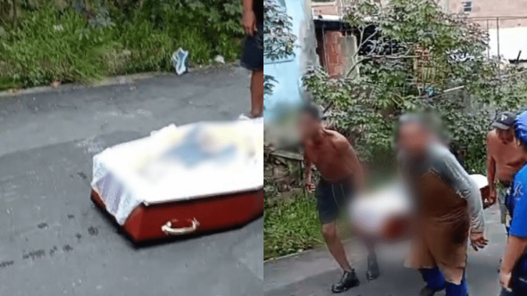 caixão com o corpo dentro cai de carro funerário