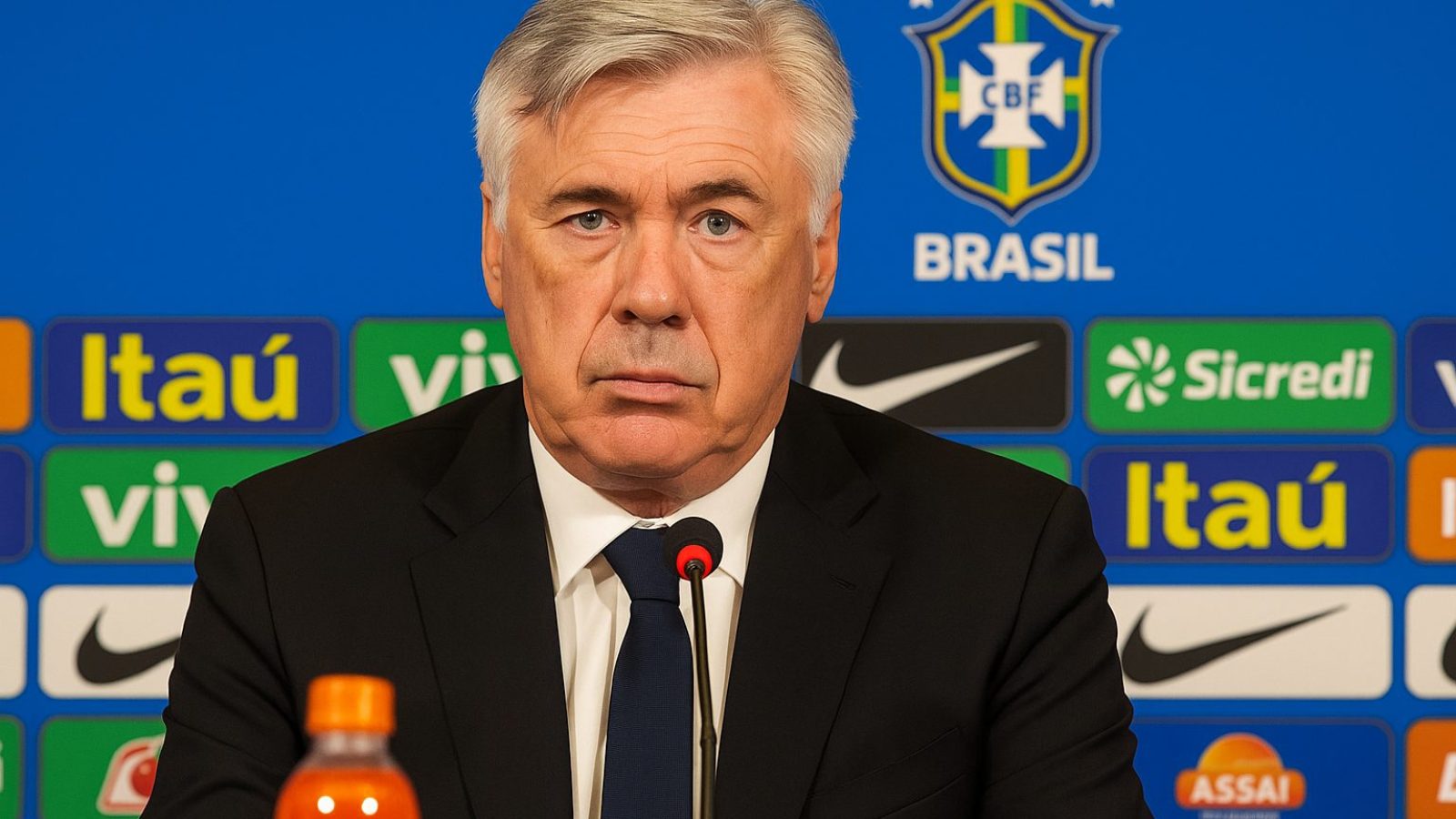 Carlo Ancelotti em frente ao escudo da CBF, convocação acontece nesta segunda